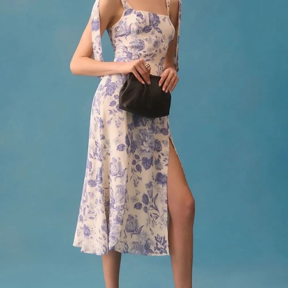 Reformation Twilight Dress In Lucerne White Blue Floral Midi Tie Straps